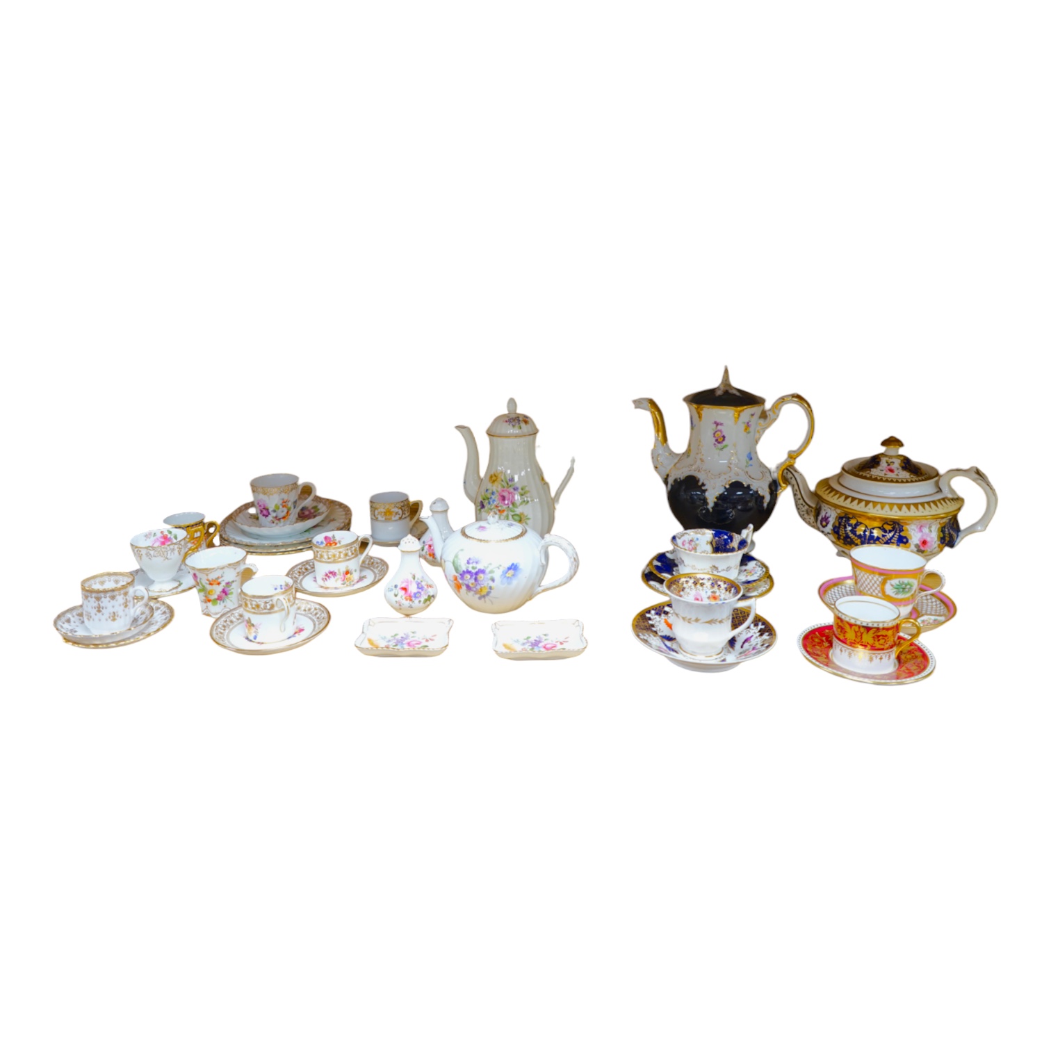 A collection of Continental ceramics, etc. including Dresden coffee wares, a Meissen coffee pot and cover, a Nymphenburg teapot, English porcelain tea and coffee wares, etc. Condition - fair to good.